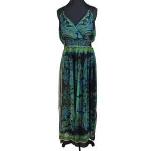 Magic Womens 2X Paisley Maxi Dress Black Blue Green Smocked Waist Boho V-Neck